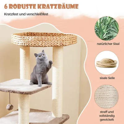 GIANTEX Kratzbaum Mit Rohrkolbenbezug, Sitzfläche Und Katzenhäuschen GIANTEX Kratzbaum Mit Rohrkolbenbezug, Sitzfläche Und Katzenhäuschen