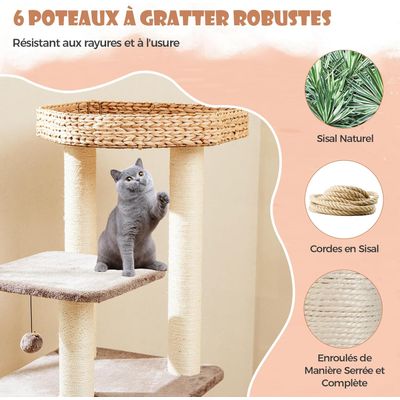 GIANTEX Arbre à Chat en Tige de Massette avec Griffoirs, Perchoir et Condo