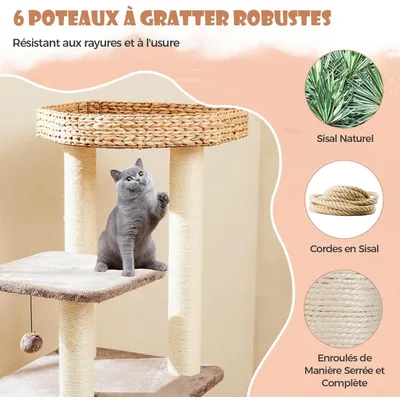 GIANTEX Arbre à Chat en Tige de Massette avec Griffoirs, Perchoir et Condo