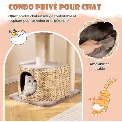 GIANTEX Arbre à Chat en Tige de Massette avec Griffoirs, Perchoir et Condo