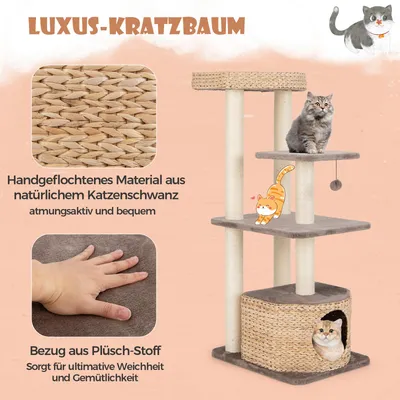 GIANTEX Kratzbaum Mit Rohrkolbenbezug, Sitzfläche Und Katzenhäuschen GIANTEX Kratzbaum Mit Rohrkolbenbezug, Sitzfläche Und Katzenhäuschen