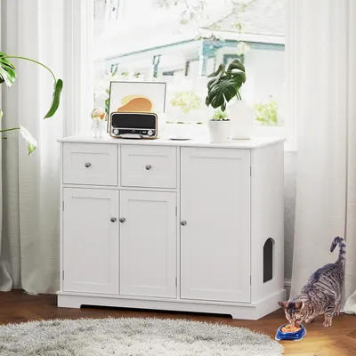 GIANTEX Meuble Litière Chat avec Armoire à Portes et Tiroirs de Rangement