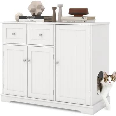 GIANTEX Meuble Litière Chat avec Armoire à Portes et Tiroirs de Rangement