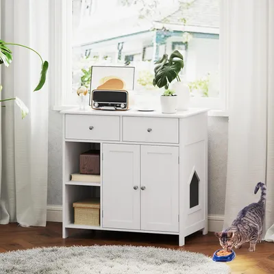 GIANTEX Meuble Litière Chat avec Armoire à Portes et Tiroirs de Rangement