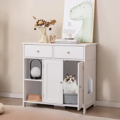 GIANTEX Meuble Litière Chat avec Armoire à Portes et Tiroirs de Rangement