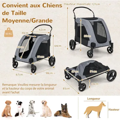 GIANTEX Poussette Pliable pour Chien avec Poignée Réglable, Fenêtres