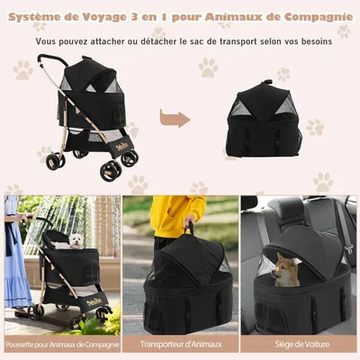 GIANTEX Poussette 3 en 1 pour Chien avec Siège de Voiture, Auvent Réglable