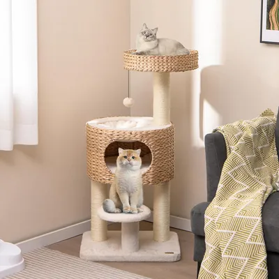 GIANTEX Arbre à Chat 104cm en Tige Massette avec Perchoir, Nid Confortable