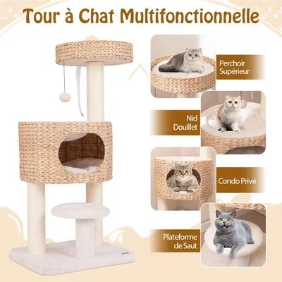 GIANTEX Arbre à Chat 104cm en Tige Massette avec Perchoir, Nid Confortable