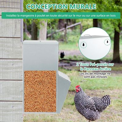 GIANTEX Mangeoire à Poulet Galvanisée 22Kg, Fixation Murale, Anti-Rats
