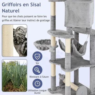 GIANTEX Arbre à Chat 176cm Multi-Niveaux, Poteaux à Griffer en Sisal