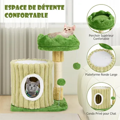 GIANTEX Petit Arbre à Chat, 2 Niveaux avec Maison, Plateforme Capitonnée