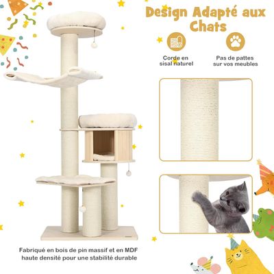 GIANTEX Arbre à Chat en Bois à 5 Niveaux 174cm avec Coussin en Peluche