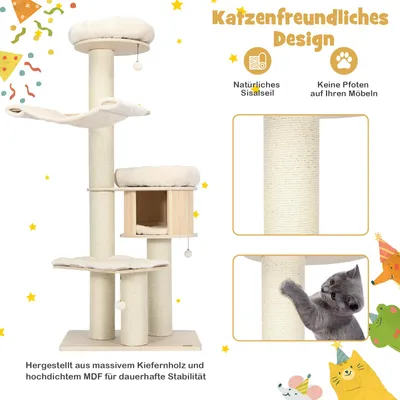GIANTEX Katzenbaum Aus Holz Mit 5 Ebenen, 174 cm, Mit Plüschkissen