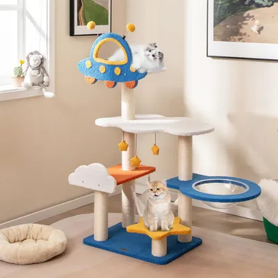 GIANTEX Arbre à Chat Design Univers Cosmique, Plateforme Soucoupe Volante