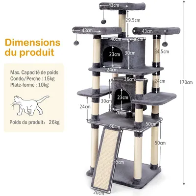 GIANTEX Arbre à Chat 170cm avec Poteaux en Sisal, Perchoirs Confortables