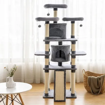 GIANTEX Arbre à Chat 170cm avec Poteaux en Sisal, Perchoirs Confortables