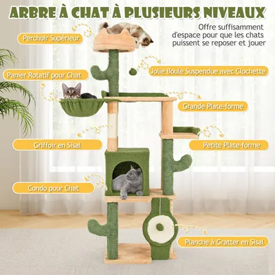 GIANTEX Arbre à Chat Cactus Haut 160cm, 5 Niveaux avec Perchoir, Hamac, Nid