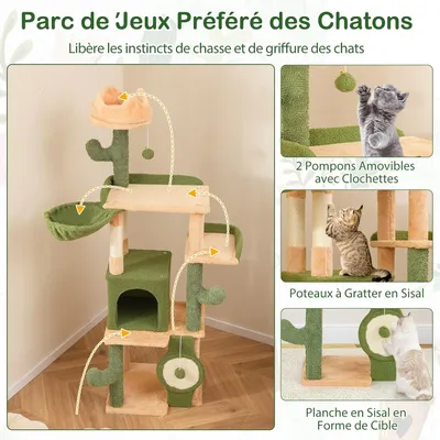 GIANTEX Arbre à Chat Cactus Haut 160cm, 5 Niveaux avec Perchoir, Hamac, Nid