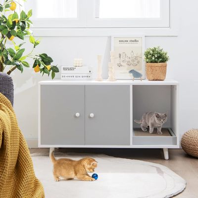 GIANTEX Maison de Toilette pour Chat en Bois, Meuble Litière Double Portes
