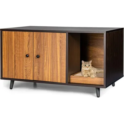 GIANTEX Maison de Toilette pour Chat en Bois, Meuble Litière Double Portes