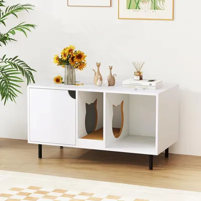 GIANTEX Meuble Litière pour Chat avec Compartiments, Planche à Gratter