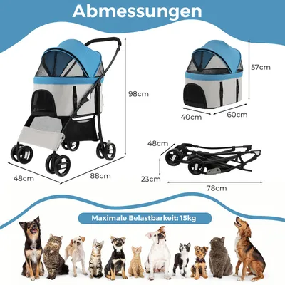 GIANTEX 3-in-1 Haustierwagen für Hunde&Katzen,klappbar mit abnehmbarem Sitz