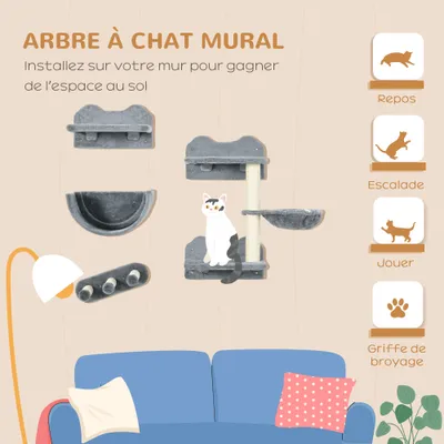 PawHut - mur d'escalade plateformes pour chat multi-équipement - gris