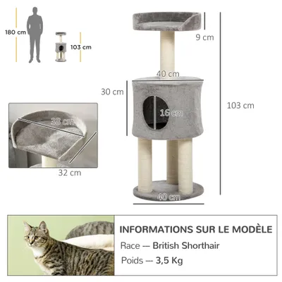 PawHut ? Arbre à chat griffoirs sisal naturel niche plateforme haute