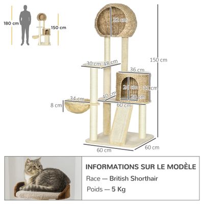 PawHut ? Arbre à chat cosy griffoirs 2 grandes niches plateforme hamac