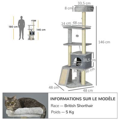 PawHut - arbre à chat multi-équipement H.146 cm - gris