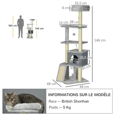 PawHut - arbre à chat multi-équipement H.146 cm - gris