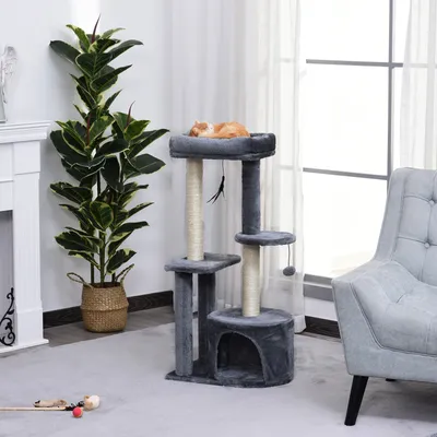 PawHut ? Arbre à chat griffoirs niche plateformes 2 jouets suspendus