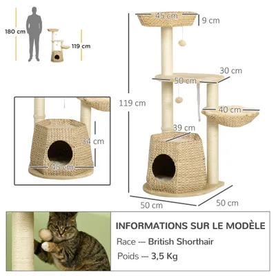 PawHut - arbre à chat style cosy chic H.119 cm - crème beige
