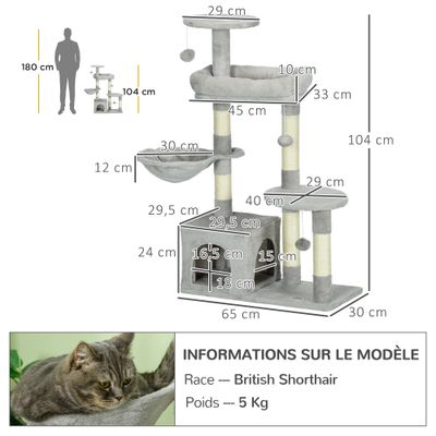 PawHut ? Arbre à chat griffoirs niche plateformes jeux boules gris