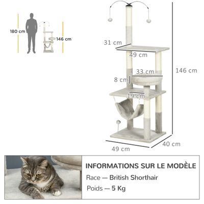 PawHut - arbre à chat multi-équipement H.146 cm - gris