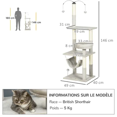 PawHut - arbre à chat multi-équipement H.146 cm - gris