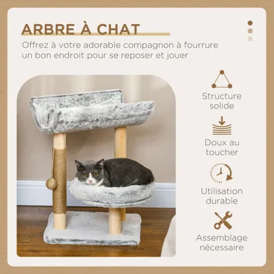 PawHut - Arbre à chat griffoir chanvre naturel panneaux peluche gris