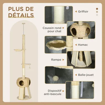 PawHut - arbre à chat tour style cosy naturel H.225-255 cm - beige