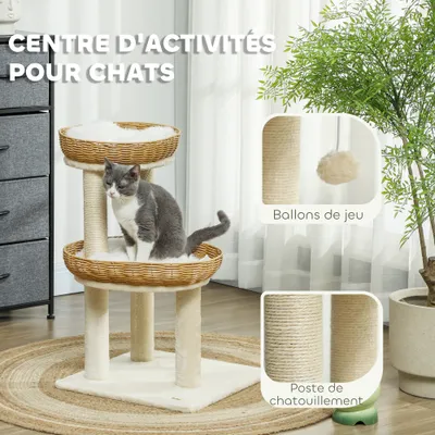 PawHut - arbre à chat style bohème aspect rotin tressé H.75 cm - beige
