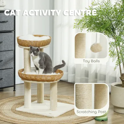 PawHut - arbre à chat style bohème aspect rotin tressé H.75 cm - beige