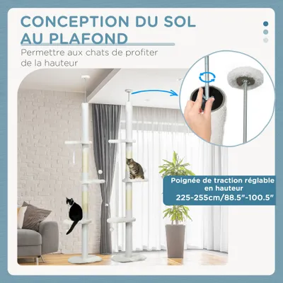 PawHut - Arbre à chat réglable H.225-255cm 3 griffoirs nuages 2 balles