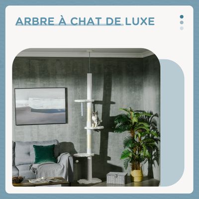 PawHut - Arbre à chat réglable H.225-255cm 3 griffoirs nuages 2 balles