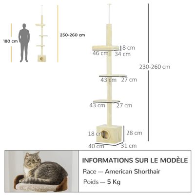 PawHut ? Arbre à chat réglable H.230-260 cm niche 3 plateformes beige