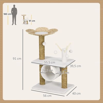 PawHut ? Arbre à chat cosy fleur peluche blanche quenouille tressée