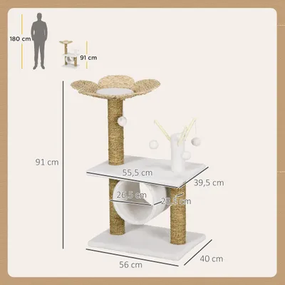 PawHut ? Arbre à chat cosy fleur peluche blanche quenouille tressée