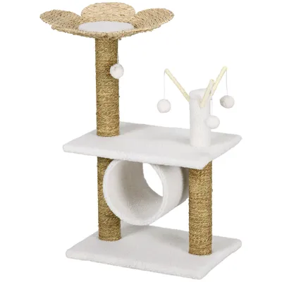 PawHut ? Arbre à chat cosy fleur peluche blanche quenouille tressée