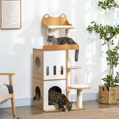 PawHut ? Arbre à chat design contemporain blanc hêtre clair