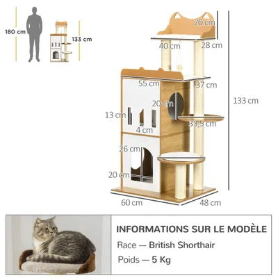 PawHut - arbre à chat multi-équipement H.133 cm - blanc hêtre clair