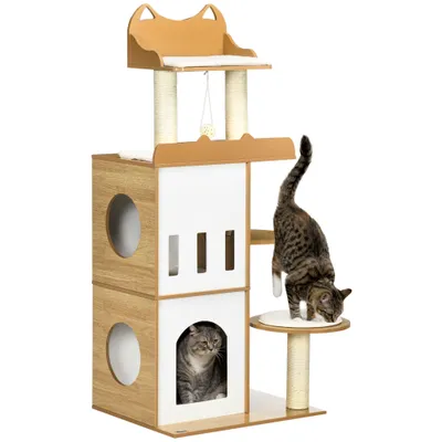 PawHut ? Arbre à chat design contemporain blanc hêtre clair